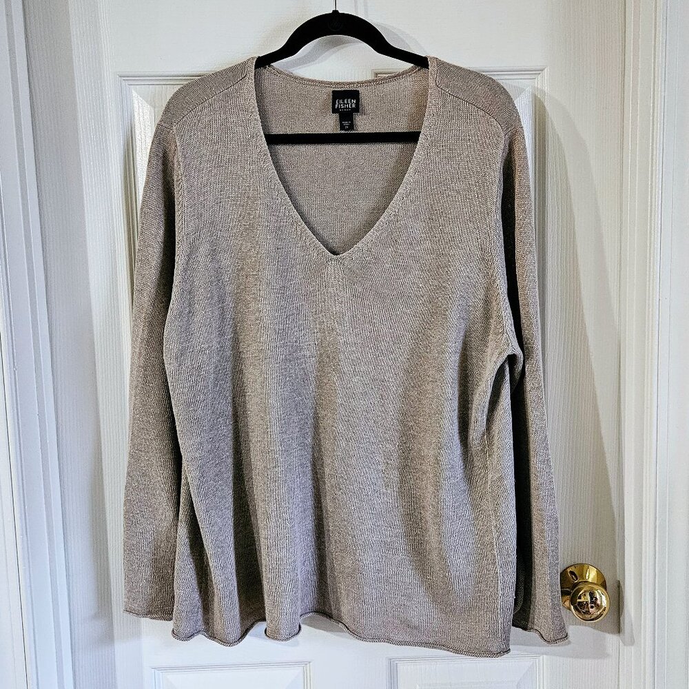 Eileen Fisher Linen-Knit V-Neck Pullover Mushroom Plus 2X